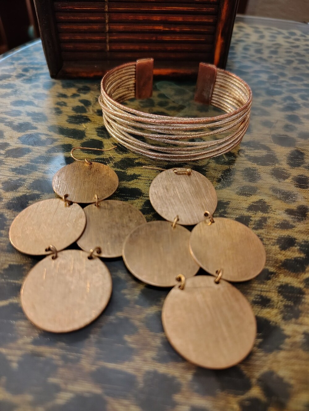 Vtg 70s Modernist Copper Multi Strand Wire Cuff Bracelet&Tiered Disc Earring Set